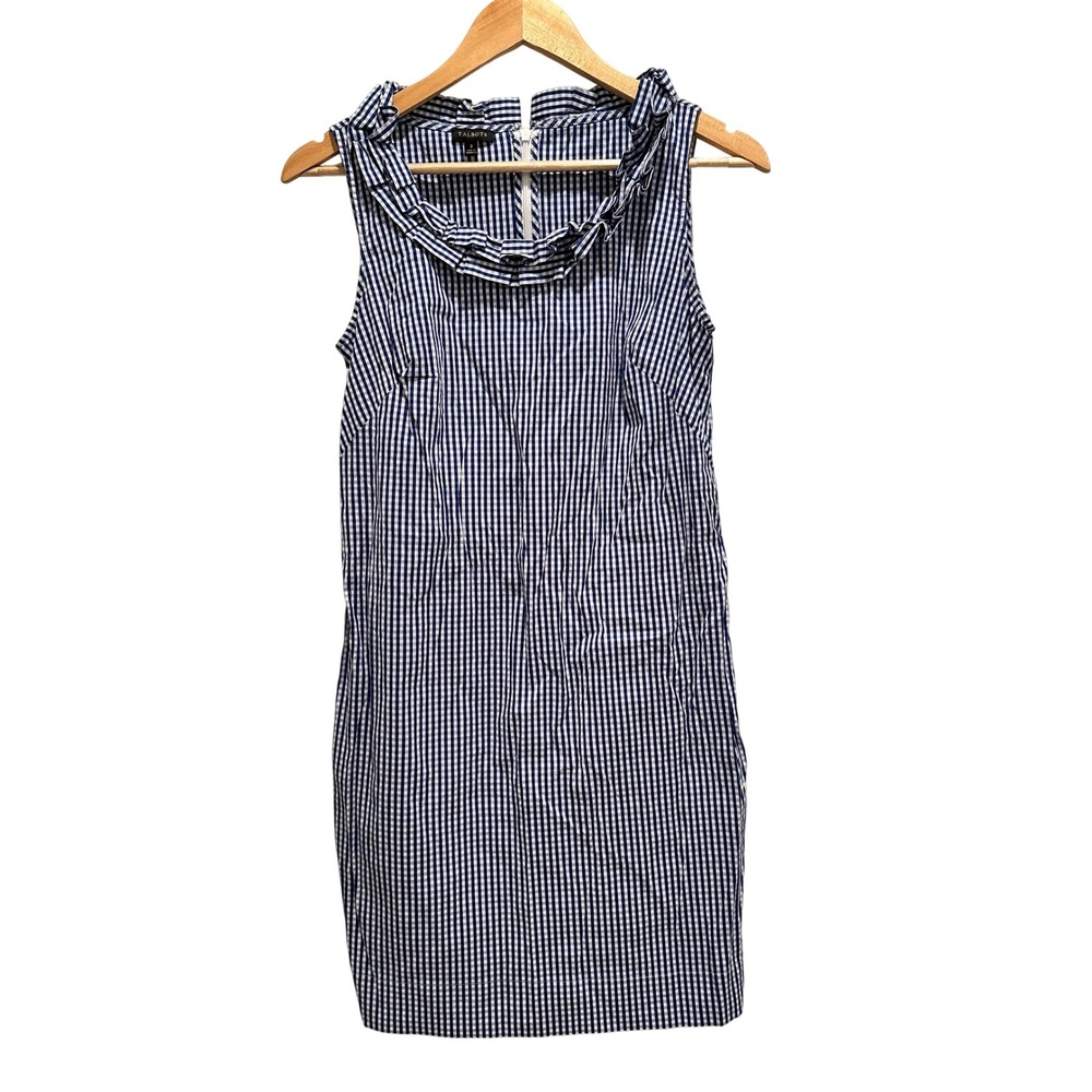 Talbots Navy Blue White Gingham Ruffle Neck Sleeveless Sheath Dress Size 2